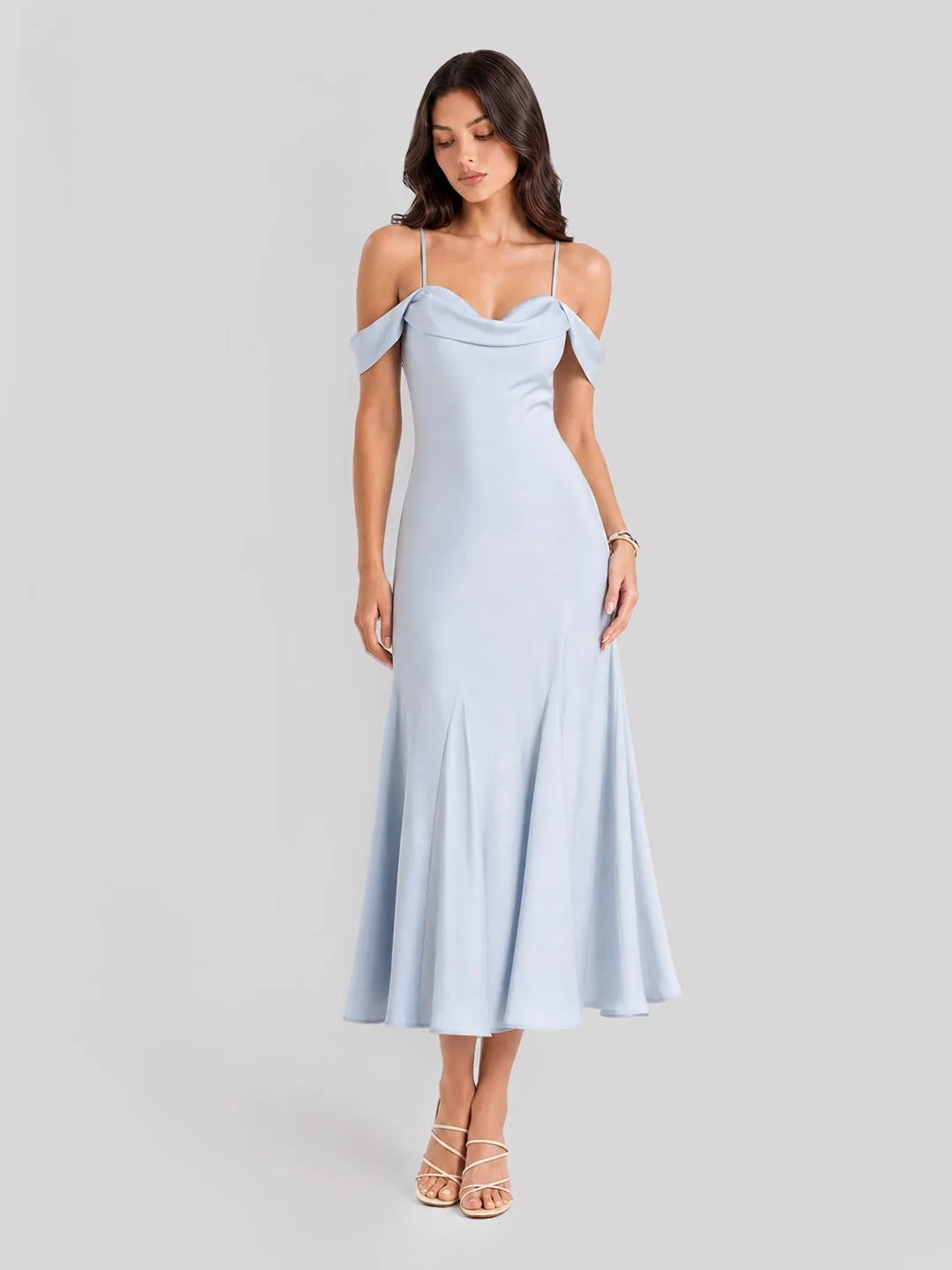 Off Shoulder Satin Bias-cut Midi Dress