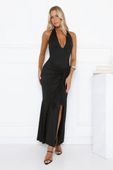 Sultry Halter Split Knit Maxi Dress Black