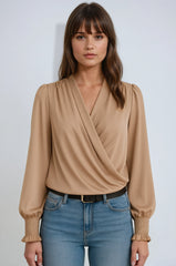 Women's Wrap Long-Sleeve Blouse | Elegant Draped Summer Blouse