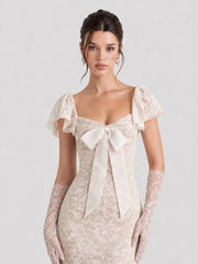 Cap Sleeves Lace Midi Dress with Satin Bow