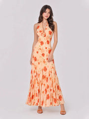 3D Flower Ruched Halterneck Maxi Dress