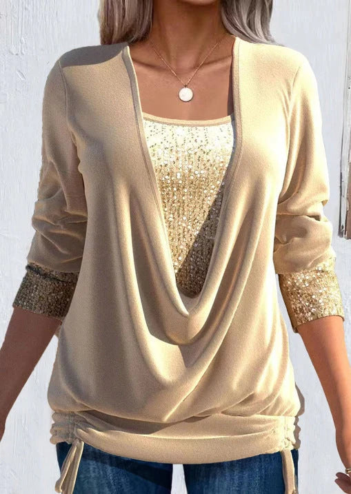 Women's Sequin Knit Blouse | Elegant Long-Sleeve Casual Top