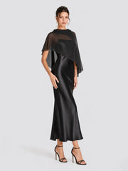 Romantic Drape Asymmetric Cape Satin Maxi Dress