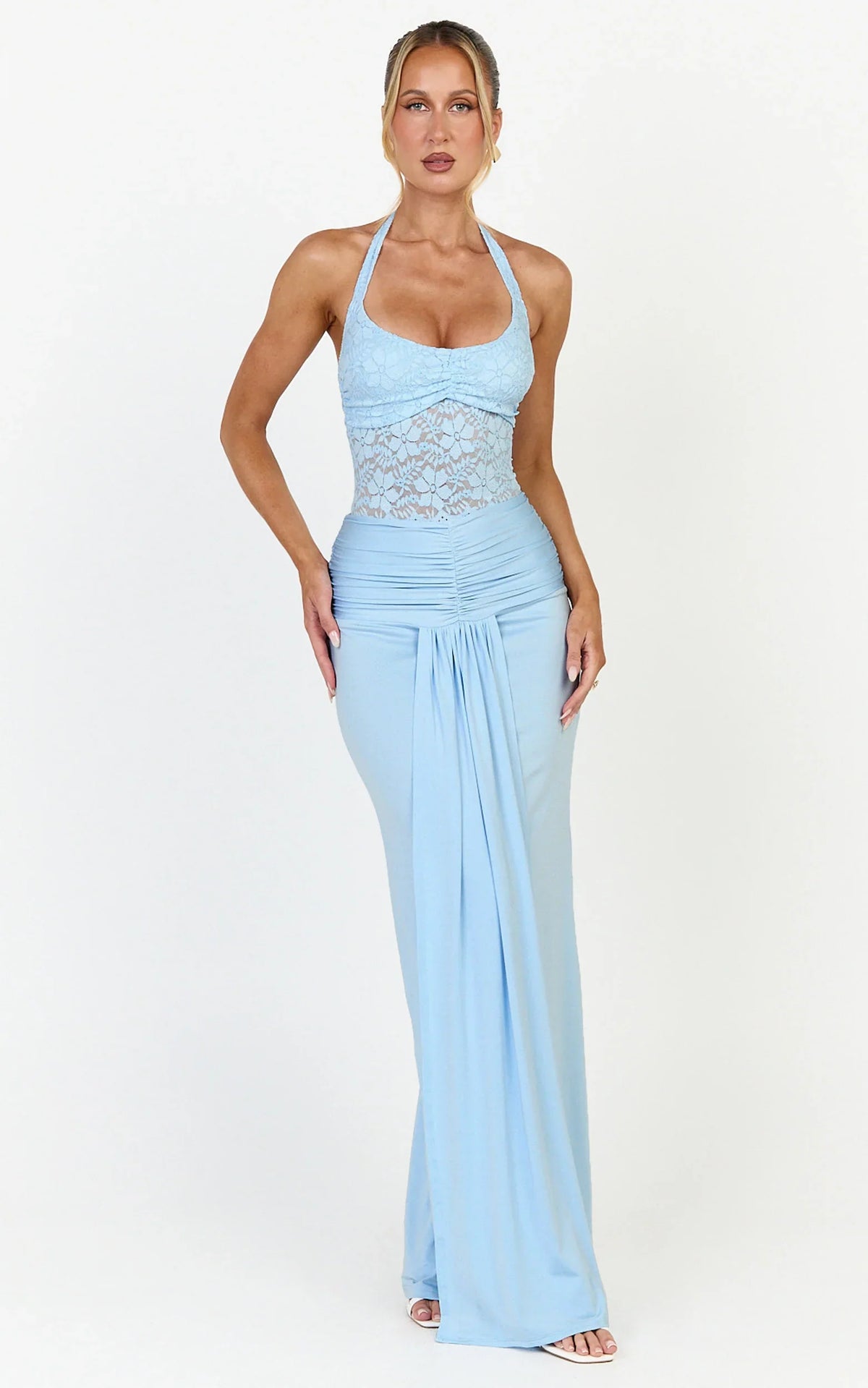 Melville Maxi Dress - Lace Bodice Draped Front Halter Dress in Blue