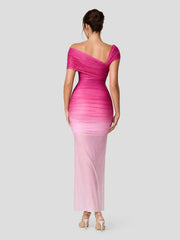Ombre Sheer Ruched One Shoulder Maxi Dress