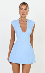 Lilo Mini Dress - V Neck Cap Sleeve Tulip Shape Dress in Cornflower Blue