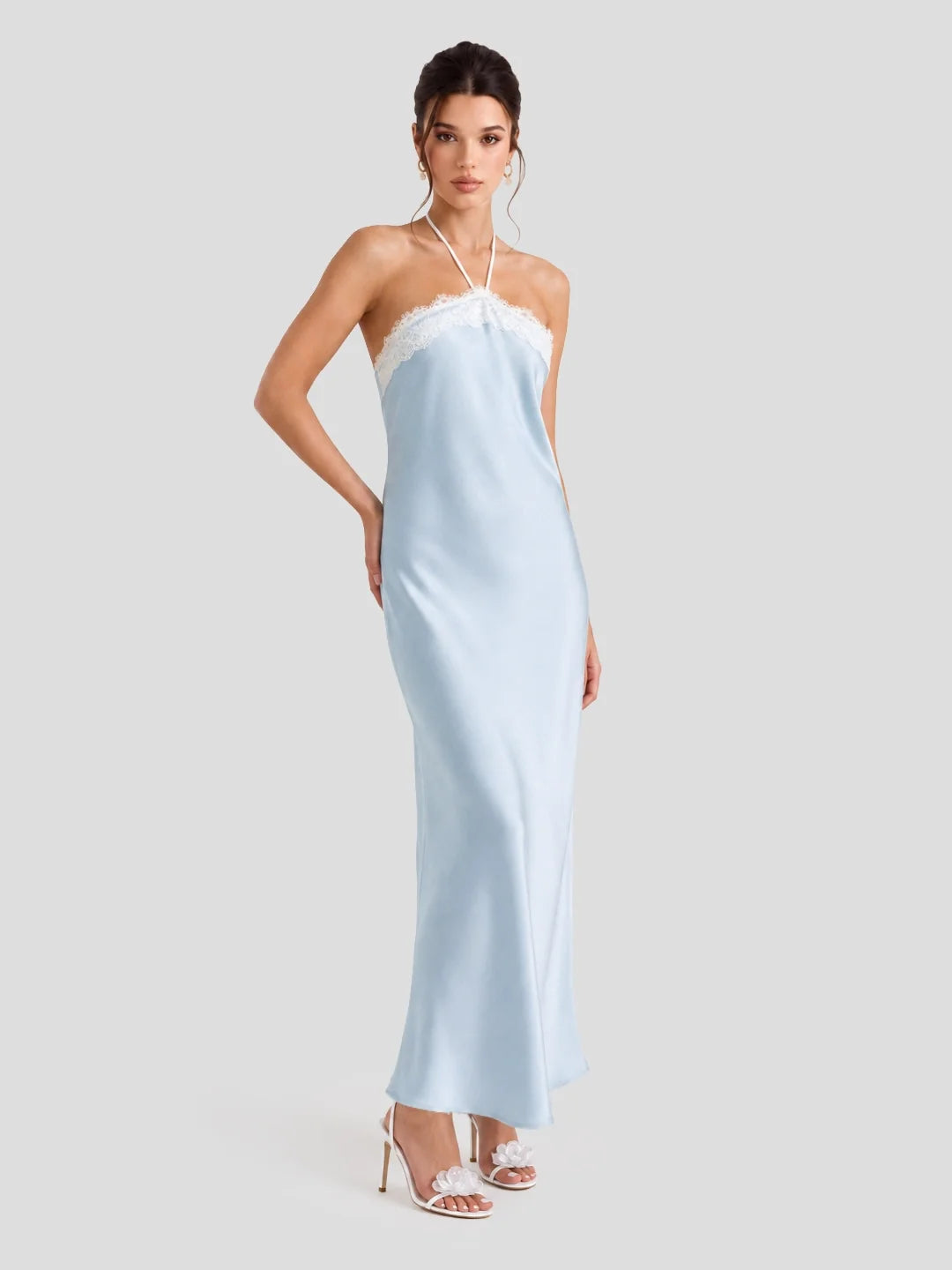 Satin Lace Trim Halter Maxi Dress