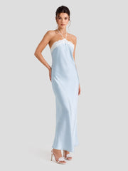 Satin Lace Trim Halter Maxi Dress