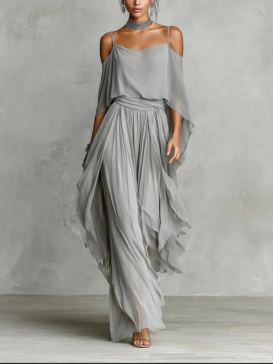 Women's Off-Shoulder Wide-Leg Two-Piece Set | Flowing Elegant Evening Set