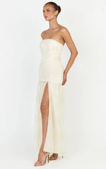 Brielle Maxi Dress - Strapless Gathered Fit & Flare Lace Dress in Champagne