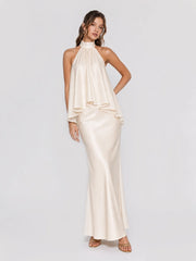Halterneck Layered Ruffle Stain Maxi Dress