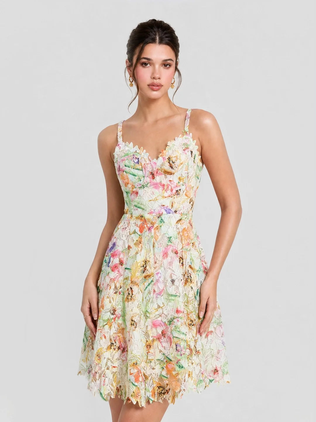 Watercolor Spaghetti Strap Eyelet Floral Mini Dress