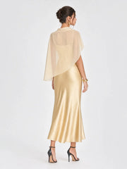 Romantic Drape Asymmetric Cape Satin Maxi Dress