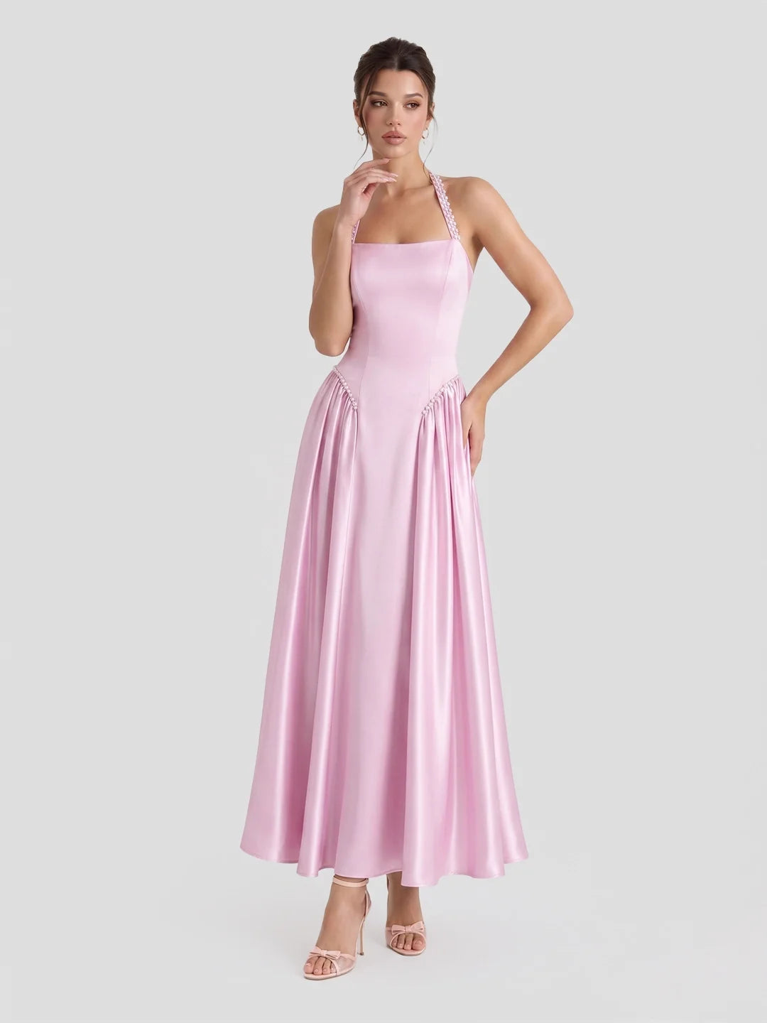 Pearl Straps Satin Halter Maxi Dress