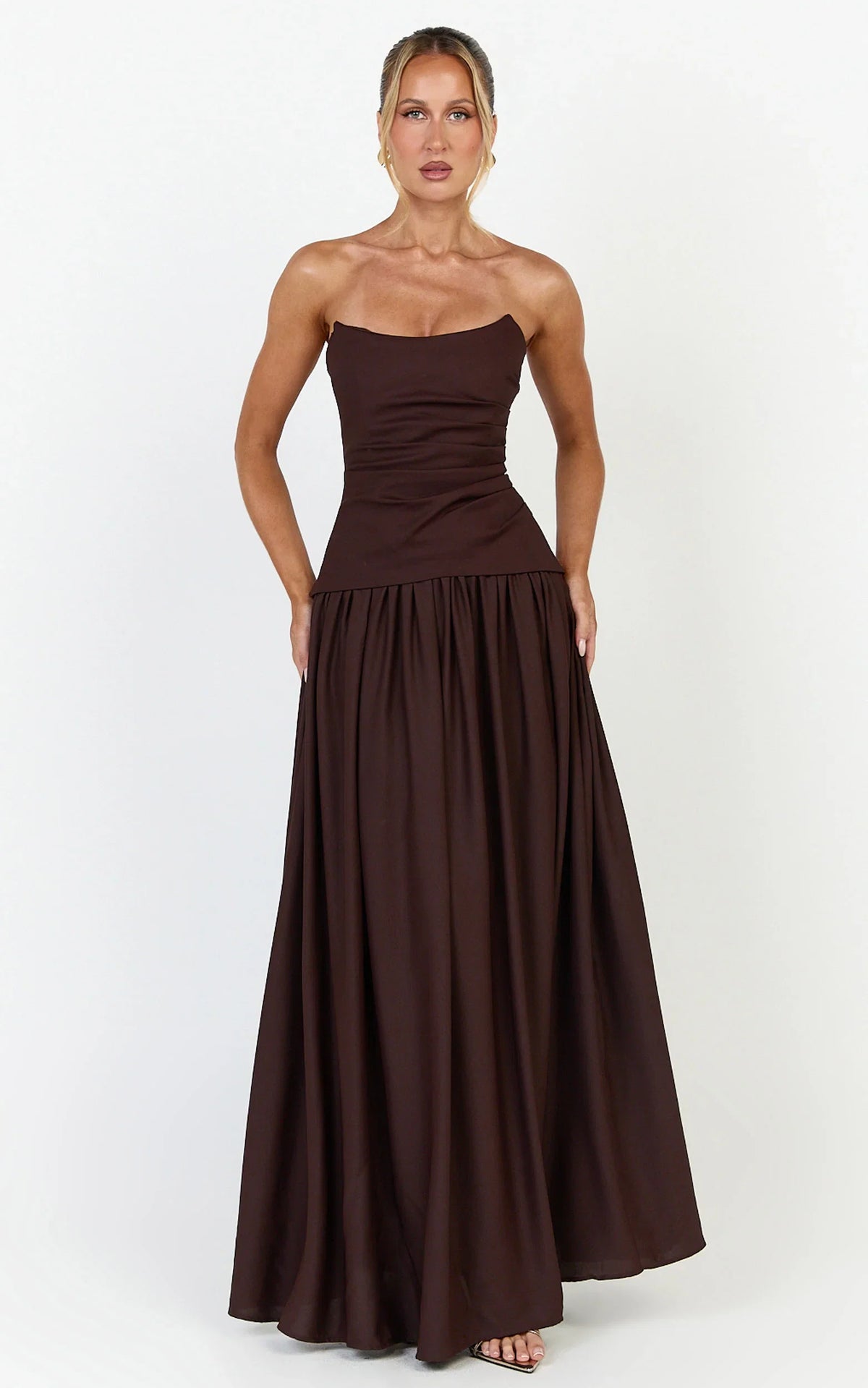 Marlowe Maxi Dress - Strapless Gathered Bodice Fit And Flare Dress in Chocolate