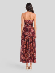 Strapless Dark Floral High Slit Maxi Dress
