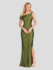 One Shoulder Asymmetric Ruched Satin Maxi Dress
