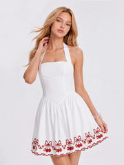 Cherry Embroidered Halter Mini Dress