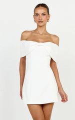 Thalia Mini Dress - Off Shoulder Bow Detail Dress in White