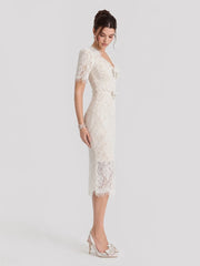 V-Neck Short Sleeves Bowknot Lace Midi Dress