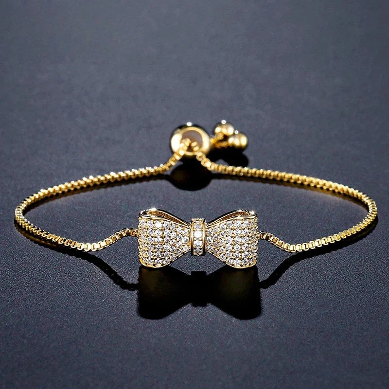 Women's Pavé Cubic Zirconia Bow Bracelet | Adjustable Stainless Steel Slider Bracelet