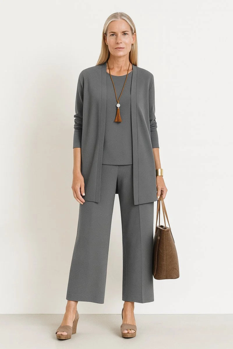 Women's Three-Piece Cardigan Set | Longline Open-Front Wide-Leg Pants Set