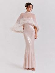 Sequin Mermaid Maxi Dress with Feather Cape