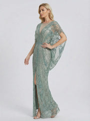 Retro Batwing Sleeve Sequin Evening Gown