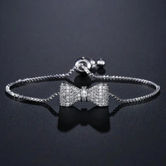 Women's Pavé Cubic Zirconia Bow Bracelet | Adjustable Stainless Steel Slider Bracelet