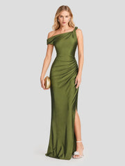 One Shoulder Asymmetric Ruched Satin Maxi Dress