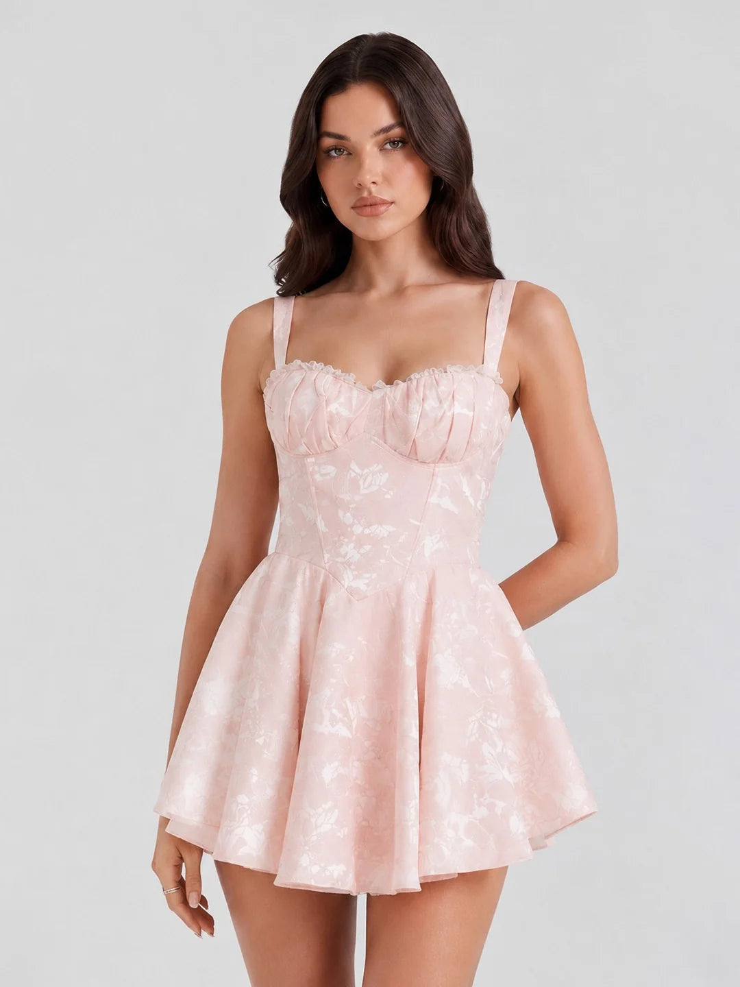Lace Trim Jacquard Corset Mini Dress