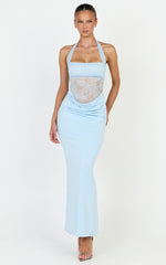 Sienne Maxi Dress - Lace Bodice Draped Cowl Waist Dress in Light Blue